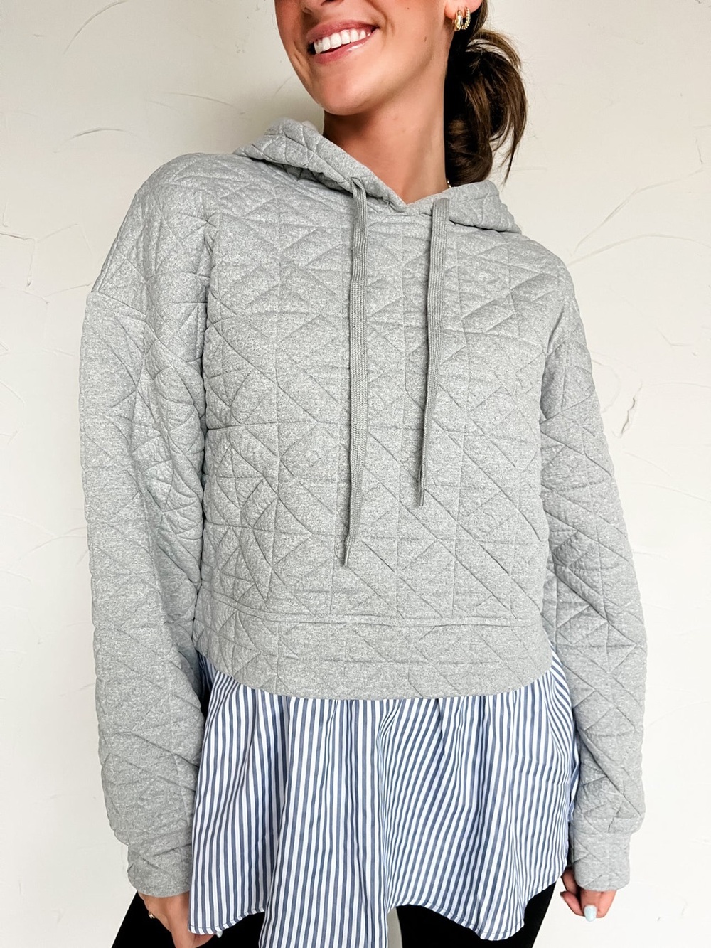 🩶 JODIFL Quilted Hoodie Striped Peplum Ruffle Hem Sweatshirt Gray S